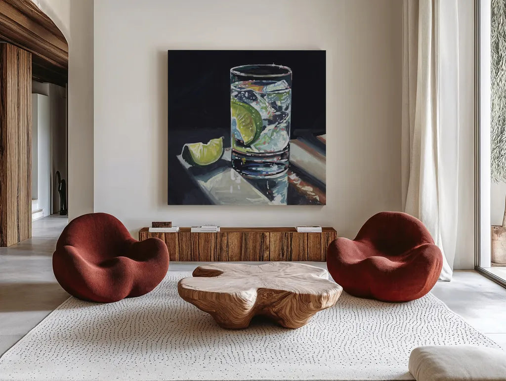 Light Reflecting Off a Cocktail by Kate Jarvik Birch. Shown as extra-large giant wall art in a modern living room. Available as an archival giclee rolled canvas, fine art paper, or poster print. SKU 100960a.