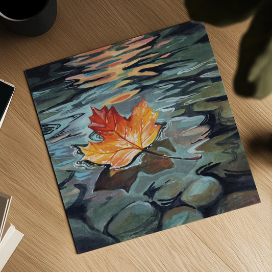 Maple Leaf Floating In a Stream by Kate Jarvik Birch. Shown as a detailed flat fine art print, highlighting archival giclee quality. Available as an archival giclee rolled canvas, fine art paper, or poster print. SKU 101976a.