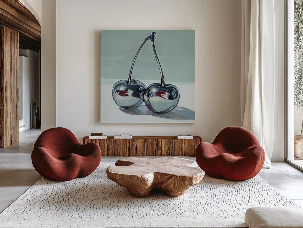 Metallic Cherries by Kate Jarvik Birch. Shown as extra-large giant wall art in a modern living room. Available as an archival giclee rolled canvas, fine art paper, or poster print. SKU 99770a.