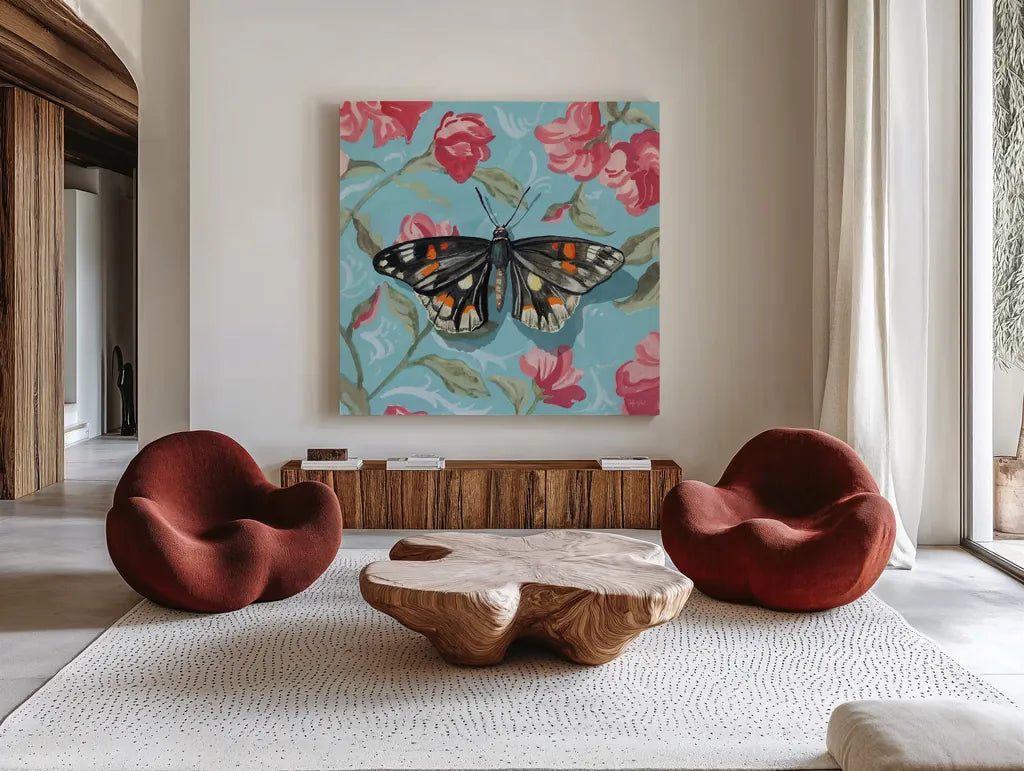 Moth on Floral Pattern Wall No Shadow by Kate Jarvik Birch. Shown as extra-large giant wall art in a modern living room. Available as an archival giclee rolled canvas, fine art paper, or poster print. SKU 99766a.