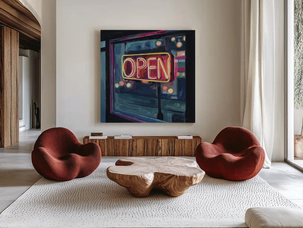 Neon Open Sign by Kate Jarvik Birch. Shown as extra-large giant wall art in a modern living room. Available as an archival giclee rolled canvas, fine art paper, or poster print. SKU 99558a.
