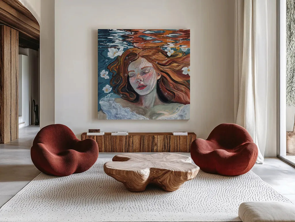 Ophelia Underwater by Kate Jarvik Birch. Shown as extra-large giant wall art in a modern living room. Available as an archival giclee rolled canvas, fine art paper, or poster print. SKU 98613a.