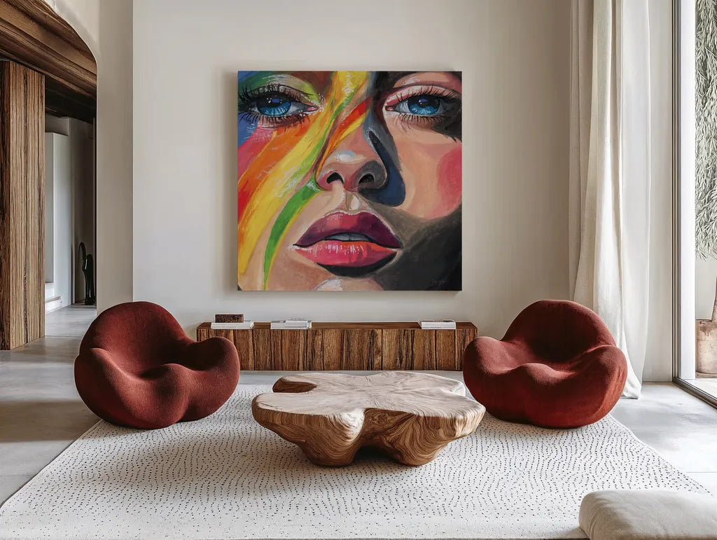 Rainbow Face Paint by Kate Jarvik Birch. Shown as extra-large giant wall art in a modern living room. Available as an archival giclee rolled canvas, fine art paper, or poster print. SKU 99742a.
