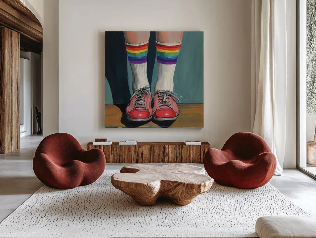 Rainbow Socks by Kate Jarvik Birch. Shown as extra-large giant wall art in a modern living room. Available as an archival giclee rolled canvas, fine art paper, or poster print. SKU 99683a.