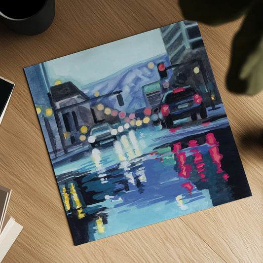 Rainy Road Late Afternoon by Kate Jarvik Birch. Shown as a detailed flat fine art print, highlighting archival giclee quality. Available as an archival giclee rolled canvas, fine art paper, or poster print. SKU 98615a.