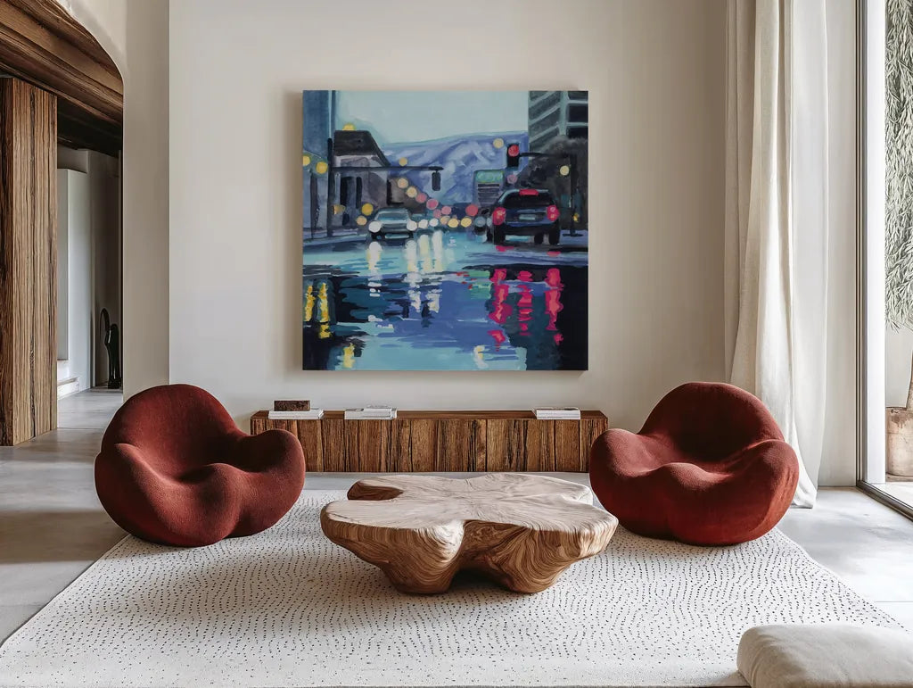 Rainy Road Late Afternoon by Kate Jarvik Birch. Shown as extra-large giant wall art in a modern living room. Available as an archival giclee rolled canvas, fine art paper, or poster print. SKU 98615a.