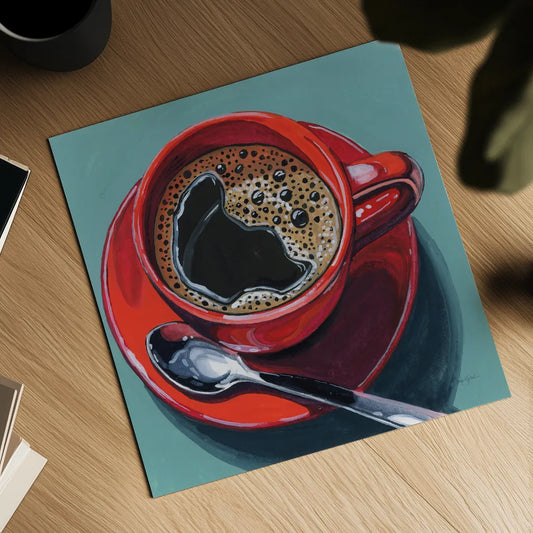 Red Cup of Black Coffee by Kate Jarvik Birch. Shown as a detailed flat fine art print, highlighting archival giclee quality. Available as an archival giclee rolled canvas, fine art paper, or poster print. SKU 98530a.
