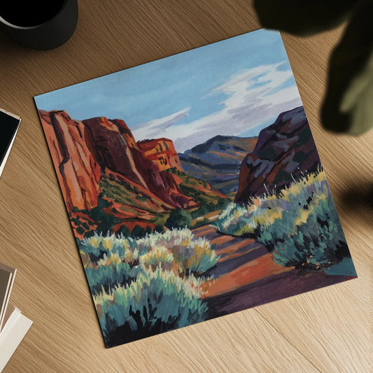 Red Earth Scenery Late Afternoon by Kate Jarvik Birch. Shown as a detailed flat fine art print, highlighting archival giclee quality. Available as an archival giclee rolled canvas, fine art paper, or poster print. SKU 101979a.