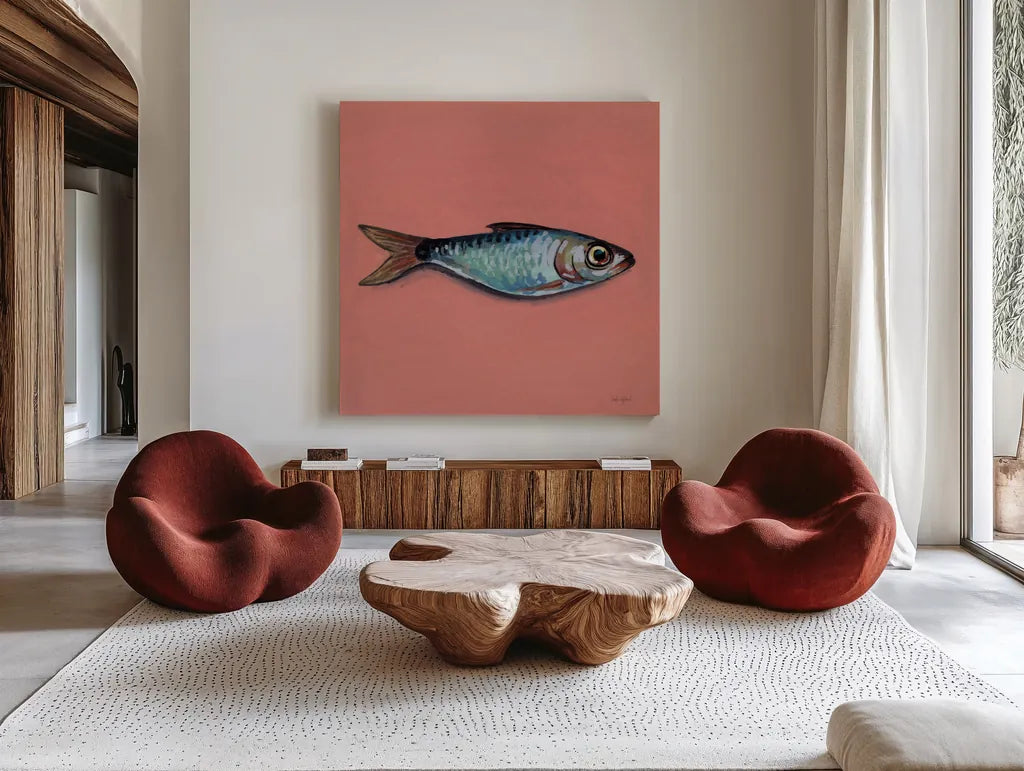 Single Sardine I by Kate Jarvik Birch. Shown as extra-large giant wall art in a modern living room. Available as an archival giclee rolled canvas, fine art paper, or poster print. SKU 100803a.