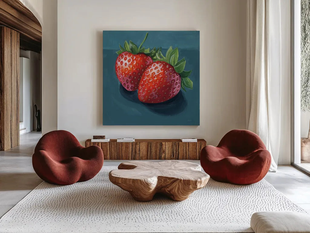 Strawberry Couple Portrait by Kate Jarvik Birch. Shown as extra-large giant wall art in a modern living room. Available as an archival giclee rolled canvas, fine art paper, or poster print. SKU 98535a.