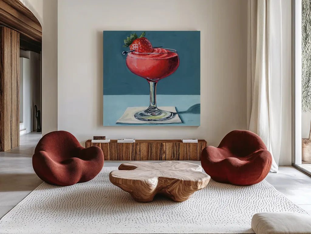 Strawberry Daquori by Kate Jarvik Birch. Shown as extra-large giant wall art in a modern living room. Available as an archival giclee rolled canvas, fine art paper, or poster print. SKU 98614a.