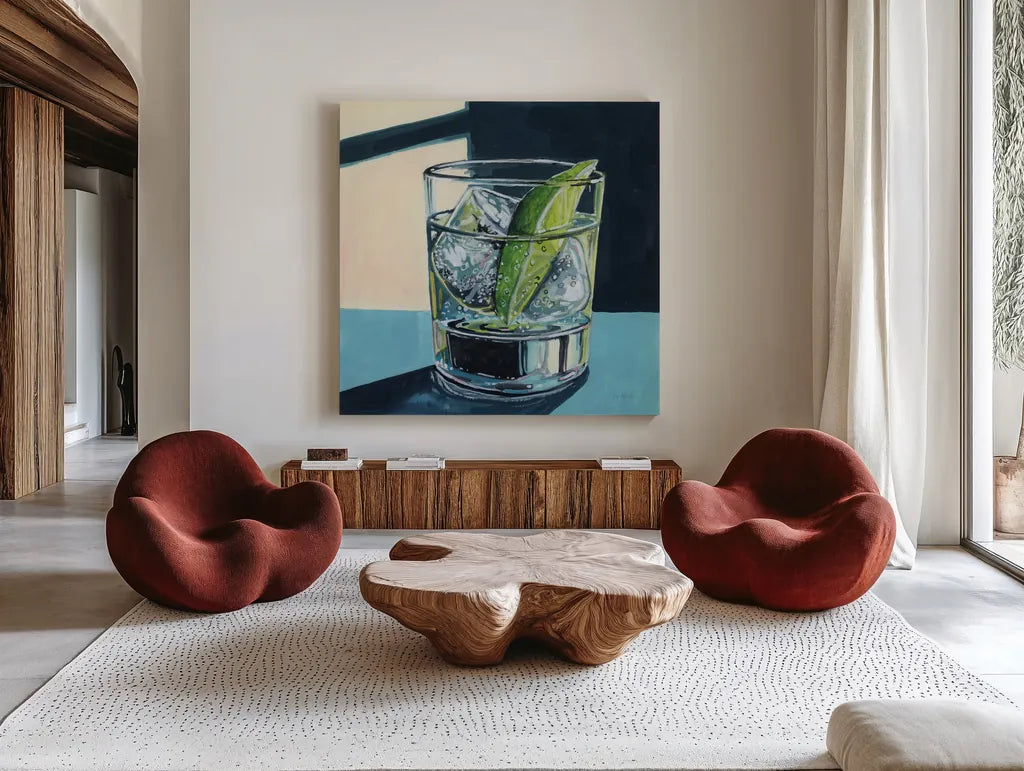 Strong Gin and Tonic I by Kate Jarvik Birch. Shown as extra-large giant wall art in a modern living room. Available as an archival giclee rolled canvas, fine art paper, or poster print. SKU 98621a.