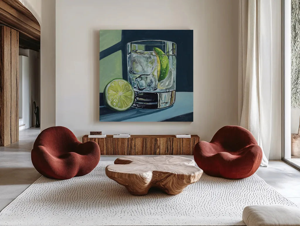 Strong Gin and Tonic II by Kate Jarvik Birch. Shown as extra-large giant wall art in a modern living room. Available as an archival giclee rolled canvas, fine art paper, or poster print. SKU 98622a.