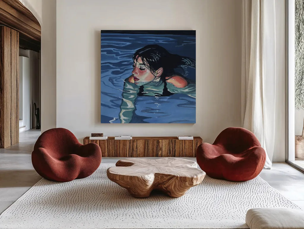 Swimming in Evening Glow by Kate Jarvik Birch. Shown as extra-large giant wall art in a modern living room. Available as an archival giclee rolled canvas, fine art paper, or poster print. SKU 98609a.