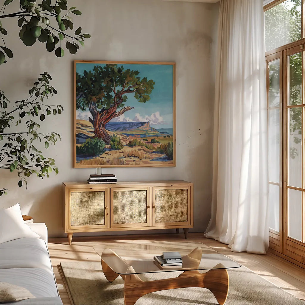 The Wind Shapes The Tree by Kate Jarvik Birch. Shown in a natural wood frame in a cozy modern living room. Available as an archival giclee rolled canvas, fine art paper, or poster print. SKU 102970a.