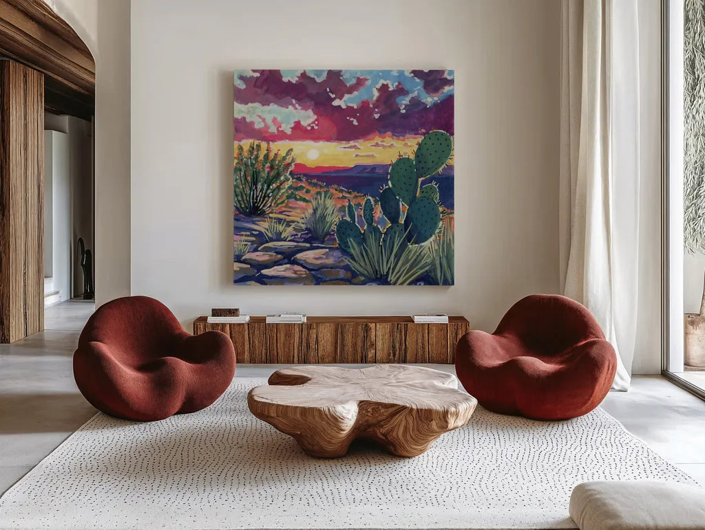 Warm Southwestern Sunset by Kate Jarvik Birch. Shown as extra-large giant wall art in a modern living room. Available as an archival giclee rolled canvas, fine art paper, or poster print. SKU 98541a.