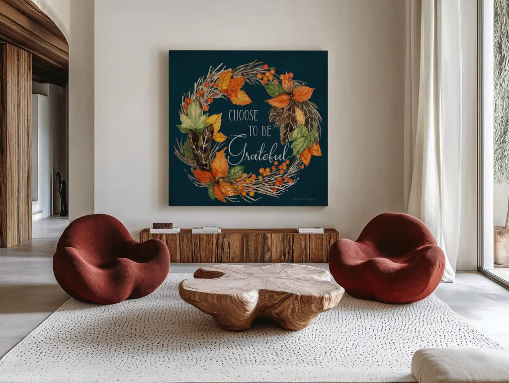 Autumn Splendor IV by Kathleen Parr McKenna. Shown as extra-large giant wall art in a modern living room. Available as an archival giclee rolled canvas, fine art paper, or poster print. SKU 39587a.