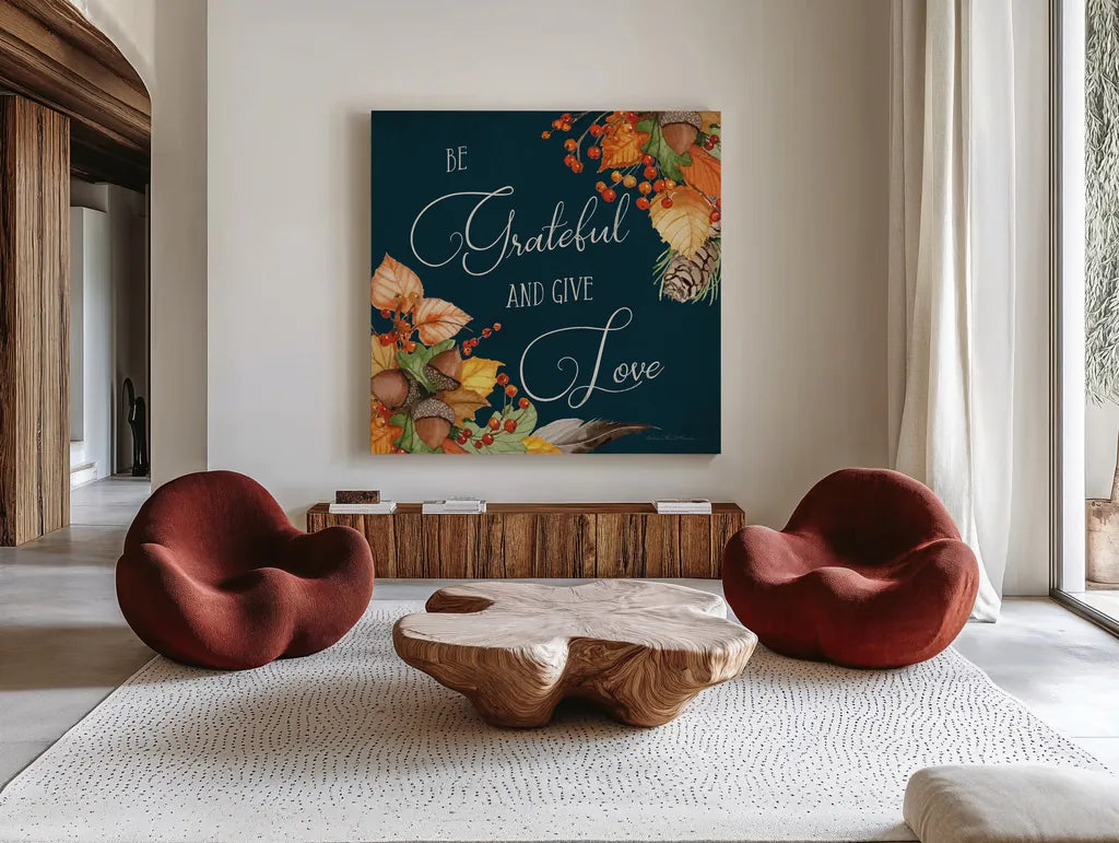 Autumn Splendor VI by Kathleen Parr McKenna. Shown as extra-large giant wall art in a modern living room. Available as an archival giclee rolled canvas, fine art paper, or poster print. SKU 39589a.