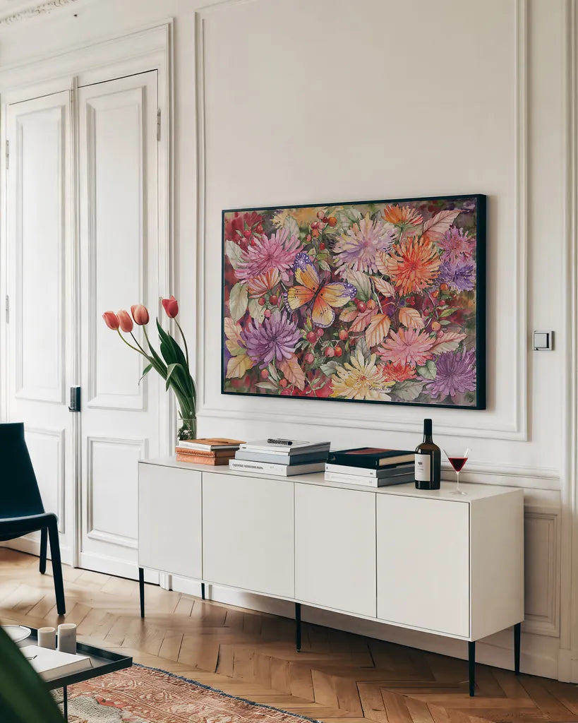Butterfly and Dahlia by Kathleen Parr McKenna. shown as a framed stretched canvas in a living room above a console. Available as a archival giclee rolled canvas, fine art paper, or poster print. SKU 41289i.