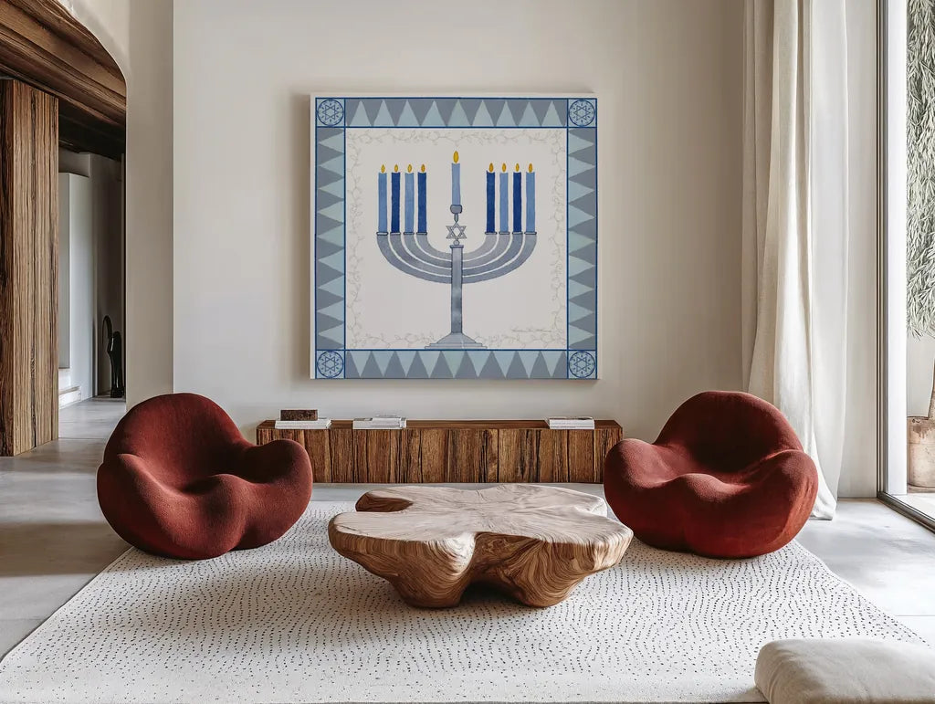 Celebrating Hanukkah III by Kathleen Parr McKenna. Shown as extra-large giant wall art in a modern living room. Available as an archival giclee rolled canvas, fine art paper, or poster print. SKU 36822a.