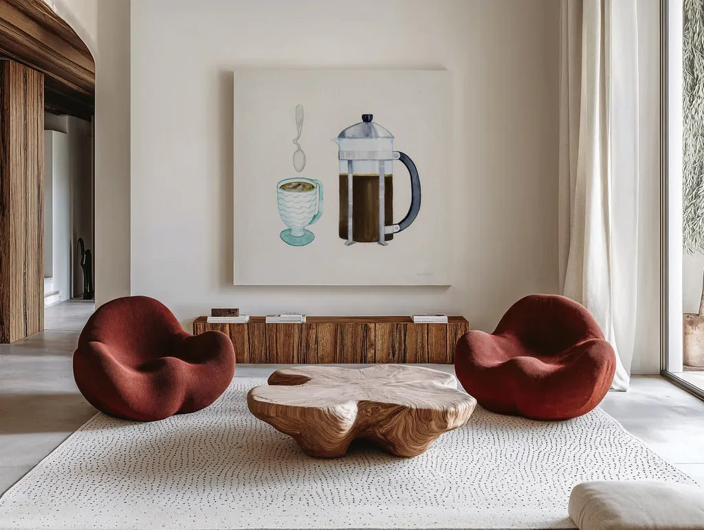 Coffee Break VIII Tan by Kathleen Parr McKenna. Shown as extra-large giant wall art in a modern living room. Available as an archival giclee rolled canvas, fine art paper, or poster print. SKU 57000a.