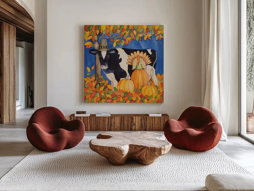 Fall Cow by Kathleen Parr McKenna. Shown as extra-large giant wall art in a modern living room. Available as an archival giclee rolled canvas, fine art paper, or poster print. SKU 26725a.