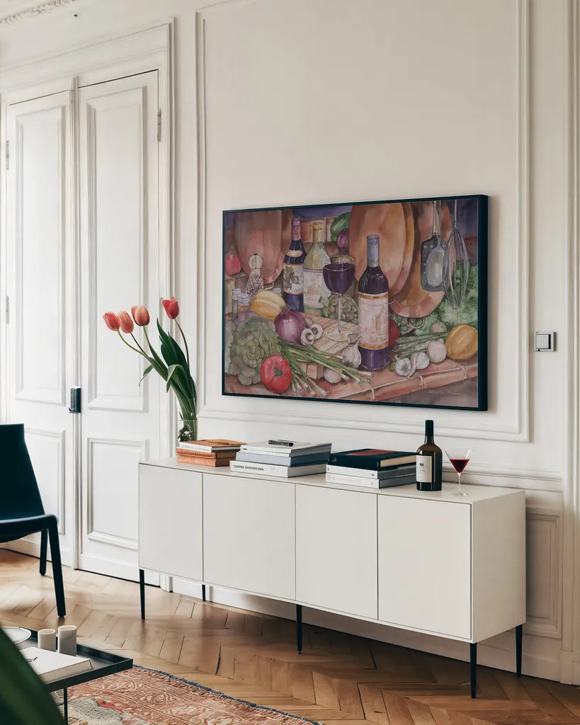 Gourmet Night by Kathleen Parr McKenna. shown as a framed stretched canvas in a living room above a console. Available as a archival giclee rolled canvas, fine art paper, or poster print. SKU 47964i.
