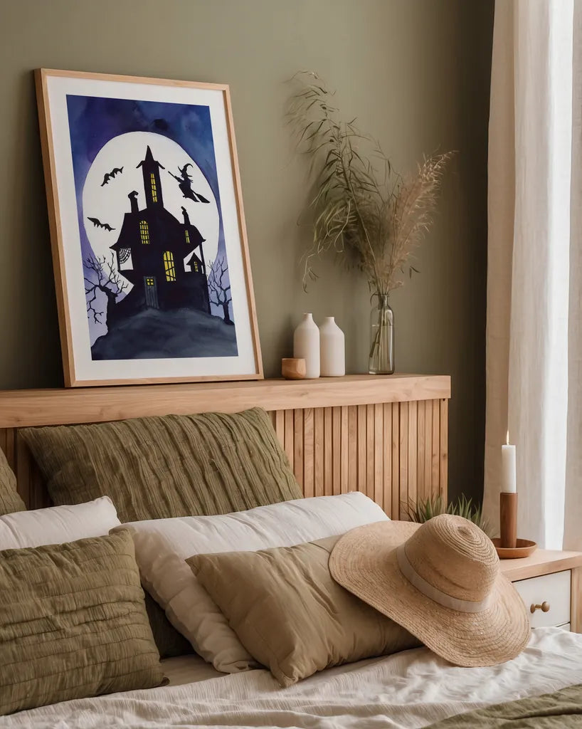 Haunted House by Kathleen Parr McKenna. shown as a paper print in a natural frame. Available as a archival giclee rolled canvas, fine art paper, or poster print. SKU 88420h.