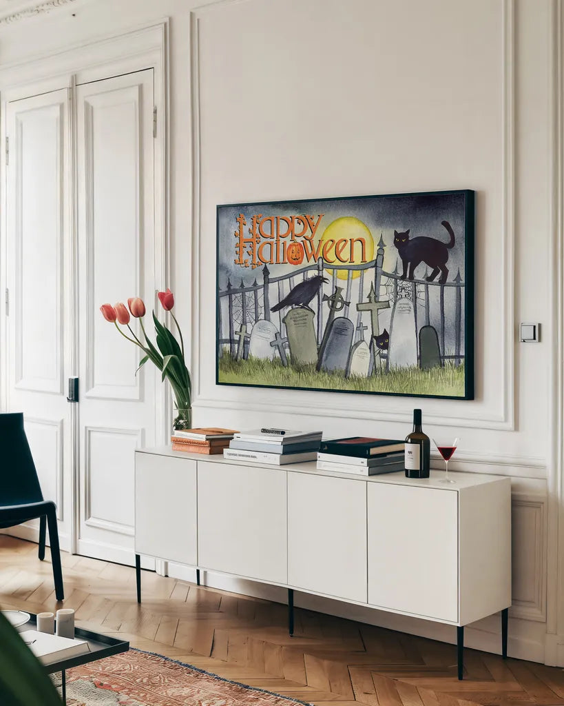 Haunting Halloween Night V by Kathleen Parr McKenna. shown as a framed stretched canvas in a living room above a console. Available as a archival giclee rolled canvas, fine art paper, or poster print. SKU 39667i.