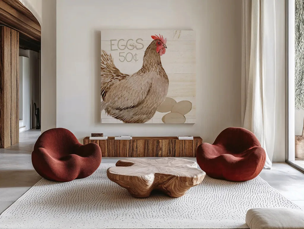 Life on the Farm Chicken III by Kathleen Parr McKenna. Shown as extra-large giant wall art in a modern living room. Available as an archival giclee rolled canvas, fine art paper, or poster print. SKU 34556a.