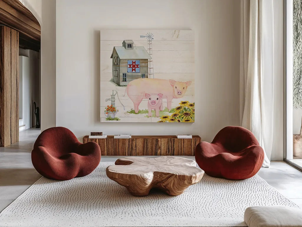 Life on the Farm III by Kathleen Parr McKenna. Shown as extra-large giant wall art in a modern living room. Available as an archival giclee rolled canvas, fine art paper, or poster print. SKU 34552a.