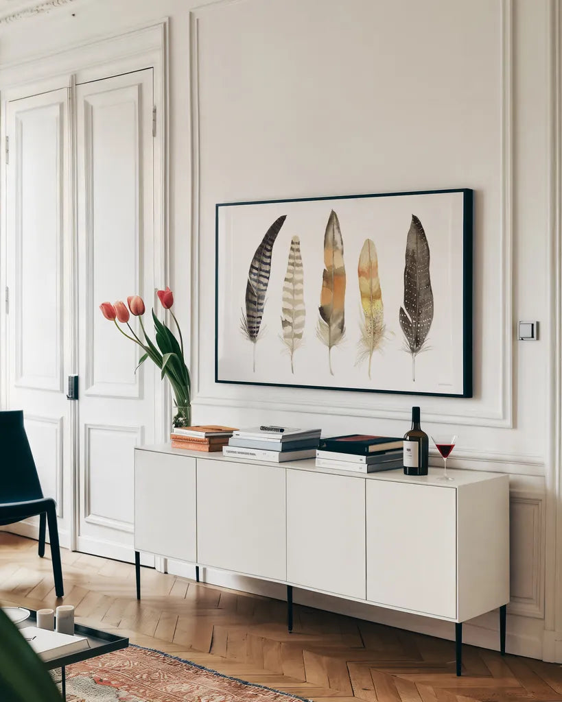 Natural Feathers by Kathleen Parr McKenna. shown as a framed stretched canvas in a living room above a console. Available as a archival giclee rolled canvas, fine art paper, or poster print. SKU 66041i.