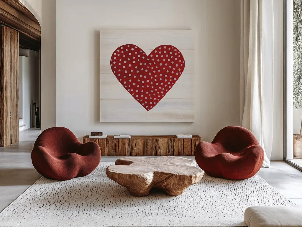 Rustic Valentine Heart I by Kathleen Parr McKenna. Shown as extra-large giant wall art in a modern living room. Available as an archival giclee rolled canvas, fine art paper, or poster print. SKU 46675a.