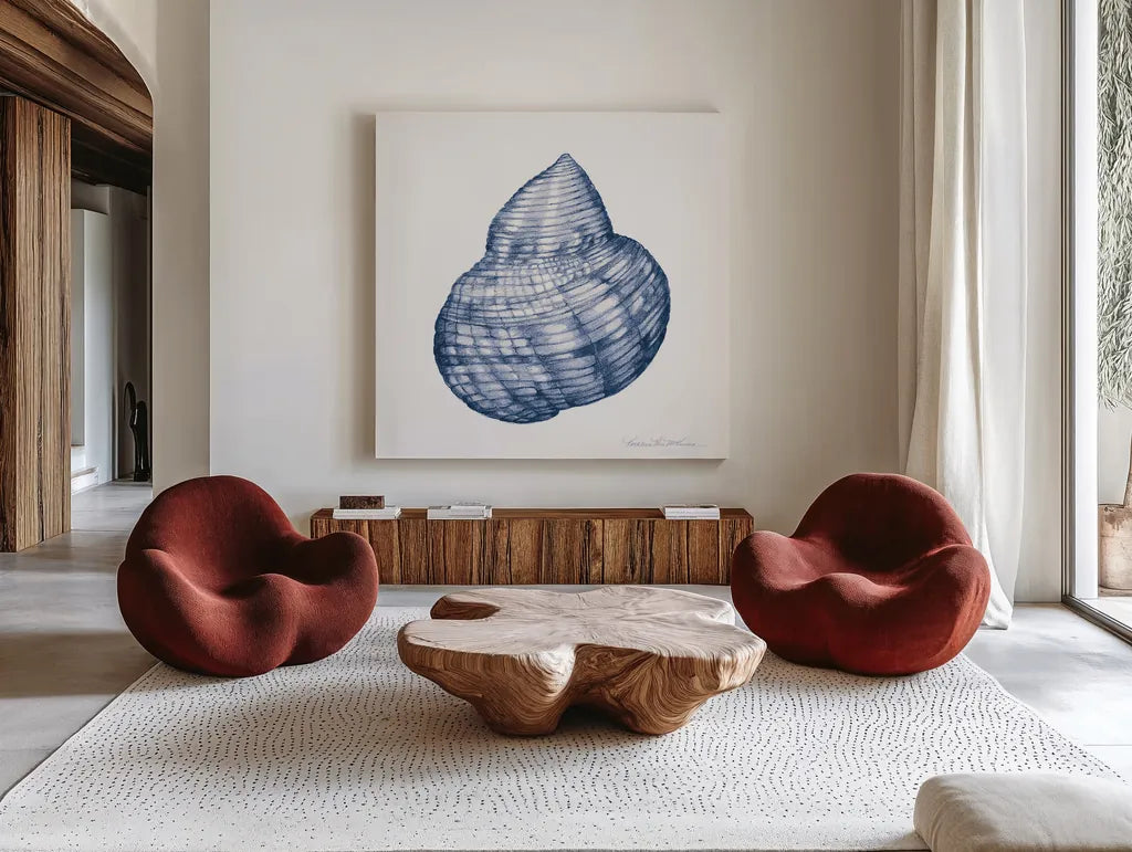 Shells IV Blue and White by Kathleen Parr McKenna. Shown as extra-large giant wall art in a modern living room. Available as an archival giclee rolled canvas, fine art paper, or poster print. SKU 40558a.