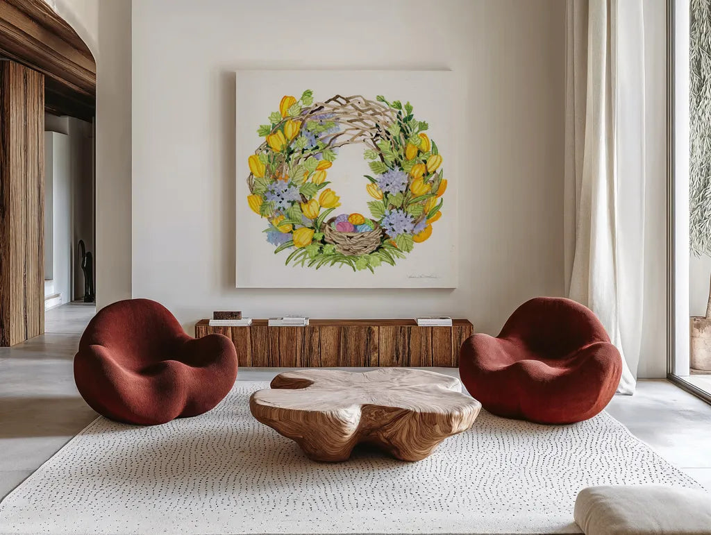 Spring Wreath II by Kathleen Parr McKenna. Shown as extra-large giant wall art in a modern living room. Available as an archival giclee rolled canvas, fine art paper, or poster print. SKU 24597a.