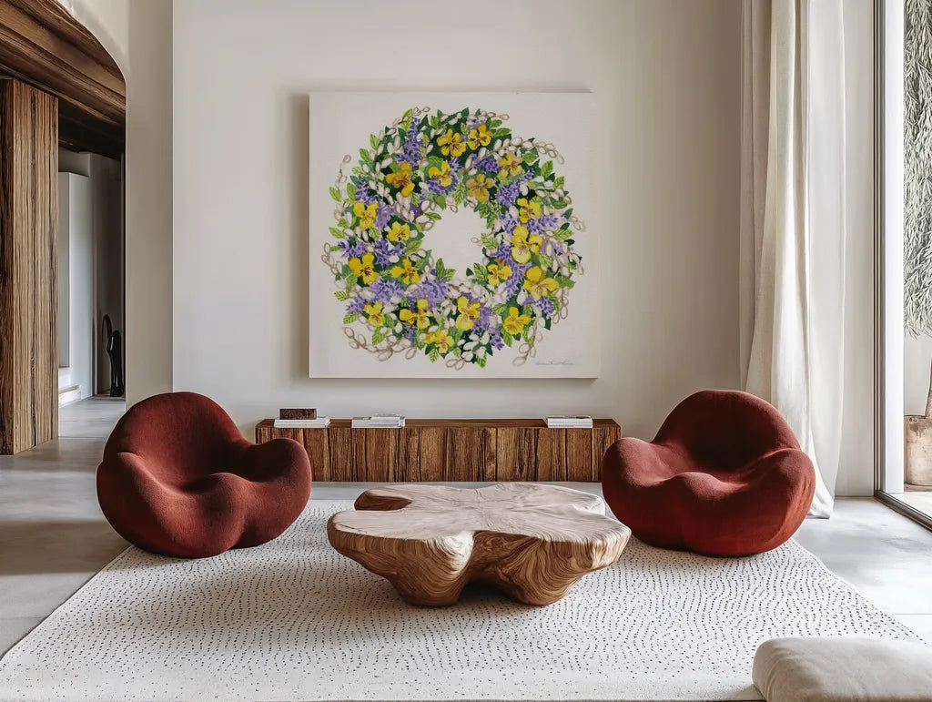 Spring Wreath III by Kathleen Parr McKenna. Shown as extra-large giant wall art in a modern living room. Available as an archival giclee rolled canvas, fine art paper, or poster print. SKU 24598a.