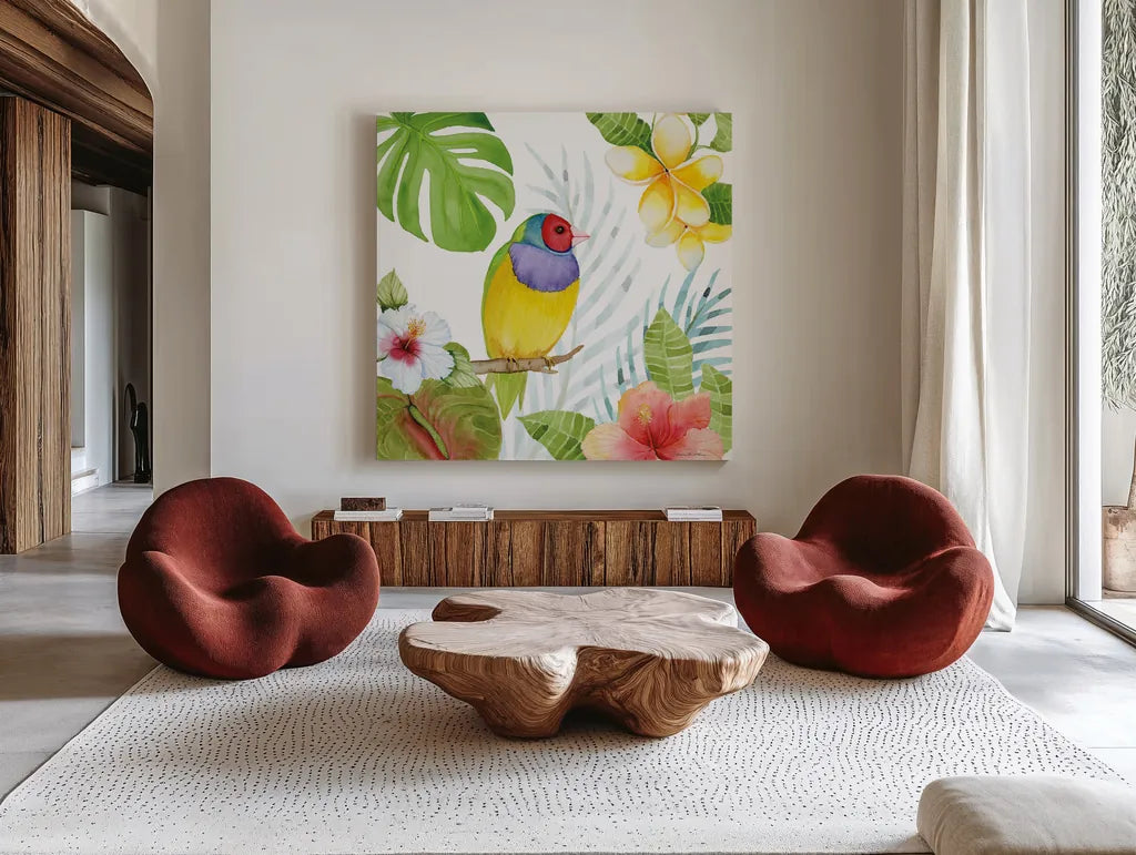 Treasures of the Tropics V by Kathleen Parr McKenna. Shown as extra-large giant wall art in a modern living room. Available as an archival giclee rolled canvas, fine art paper, or poster print. SKU 34248a.