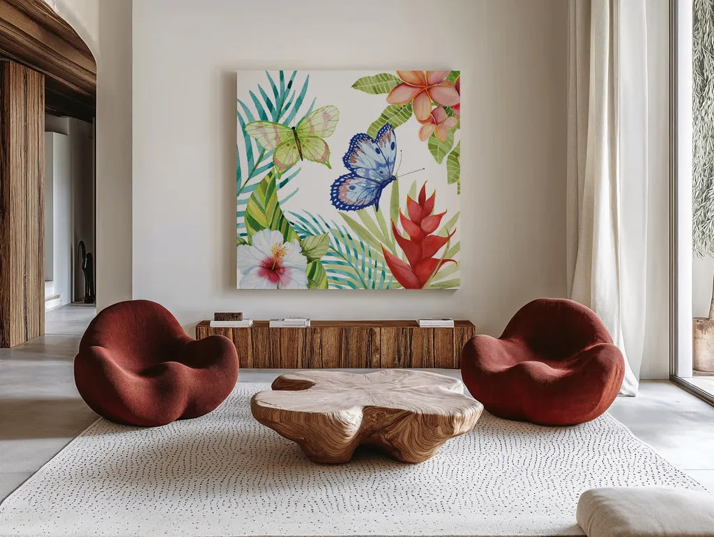 Treasures of the Tropics VI by Kathleen Parr McKenna. Shown as extra-large giant wall art in a modern living room. Available as an archival giclee rolled canvas, fine art paper, or poster print. SKU 34249a.
