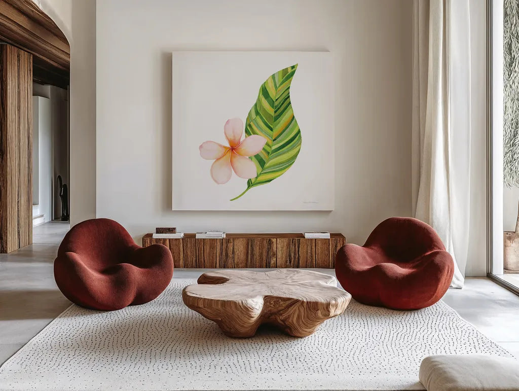 Treasures of the Tropics X by Kathleen Parr McKenna. Shown as extra-large giant wall art in a modern living room. Available as an archival giclee rolled canvas, fine art paper, or poster print. SKU 37008a.