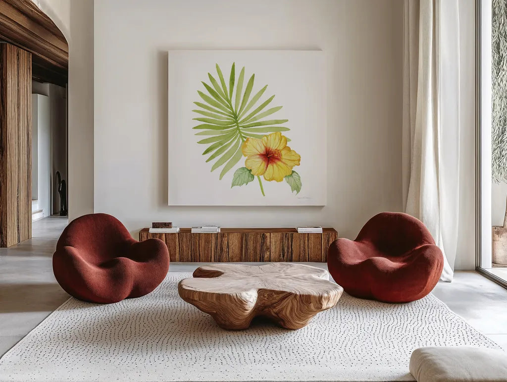 Treasures of the Tropics XI by Kathleen Parr McKenna. Shown as extra-large giant wall art in a modern living room. Available as an archival giclee rolled canvas, fine art paper, or poster print. SKU 37009a.