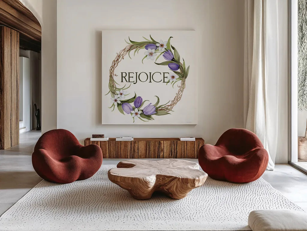 Wreath with Words I by Kathleen Parr McKenna. Shown as extra-large giant wall art in a modern living room. Available as an archival giclee rolled canvas, fine art paper, or poster print. SKU 46957a.