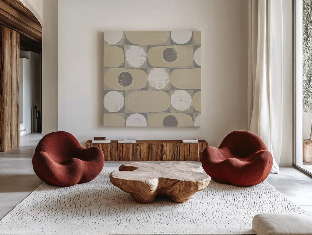 16 Blocks Square X Archroma by Kathrine Lovell. Shown as extra-large giant wall art in a modern living room. Available as an archival giclee rolled canvas, fine art paper, or poster print. SKU 29767a.