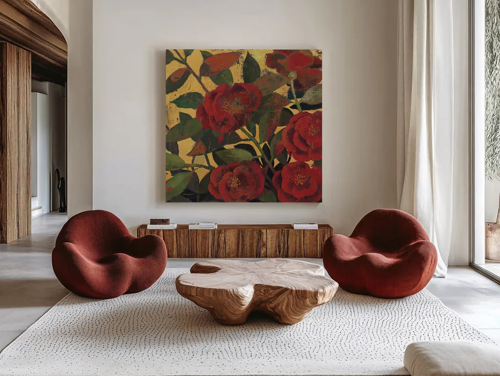 Abundant Roses I Spice by Kathrine Lovell. Shown as extra-large giant wall art in a modern living room. Available as an archival giclee rolled canvas, fine art paper, or poster print. SKU 10891a.