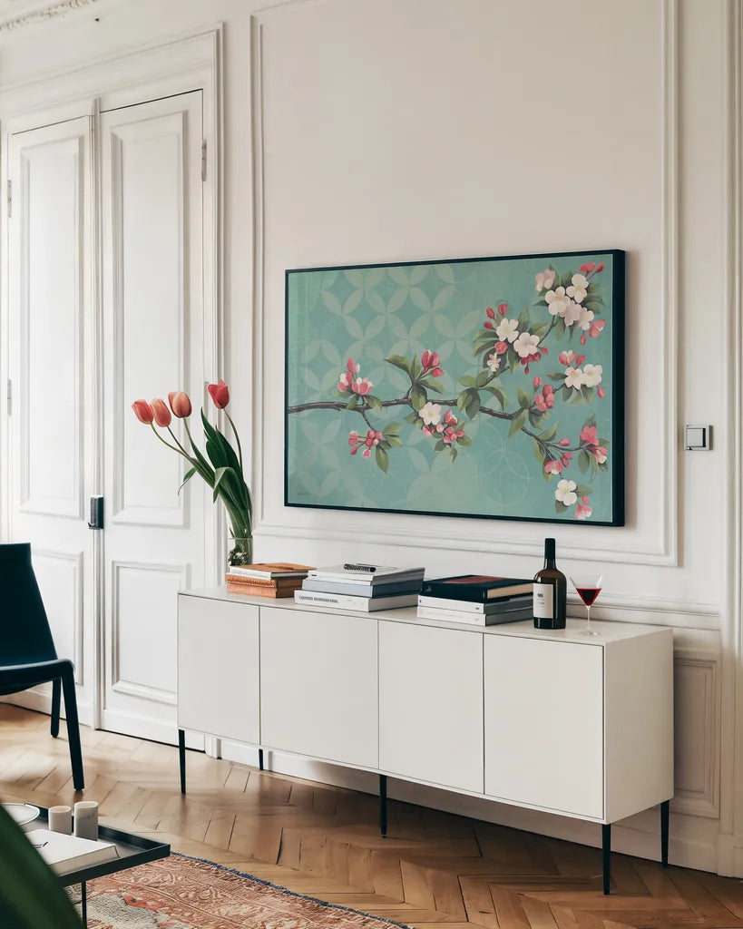 Cherry Blossoms by Kathrine Lovell. shown as a framed stretched canvas in a living room above a console. Available as a archival giclee rolled canvas, fine art paper, or poster print. SKU 22608i.