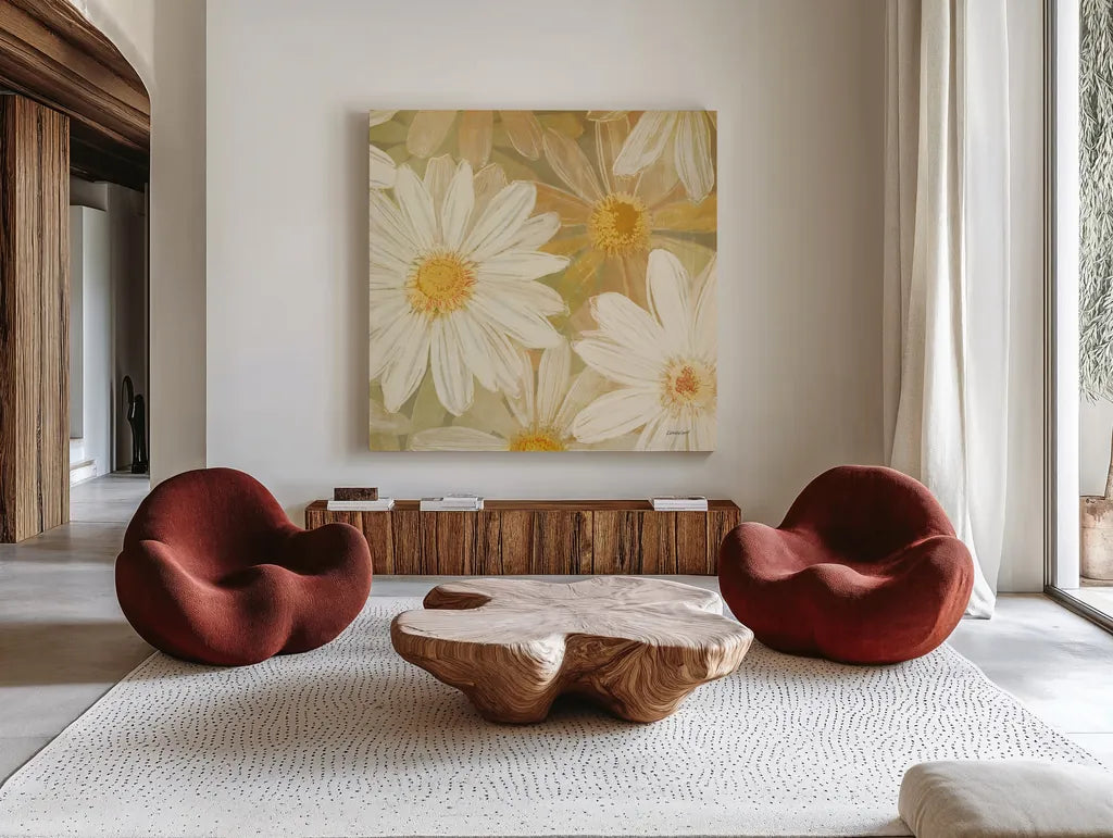 Daisy Story Square II by Kathrine Lovell. Shown as extra-large giant wall art in a modern living room. Available as an archival giclee rolled canvas, fine art paper, or poster print. SKU 2081a.