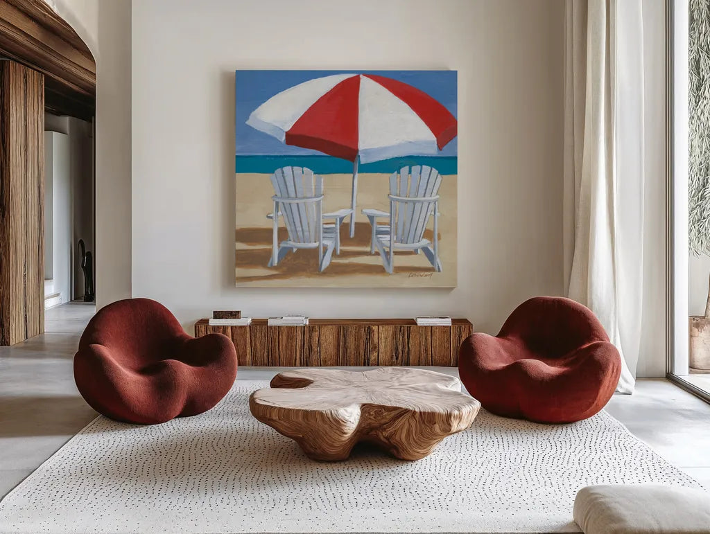 Day at the Beach IV v2 by Kathrine Lovell. Shown as extra-large giant wall art in a modern living room. Available as an archival giclee rolled canvas, fine art paper, or poster print. SKU 43326a.