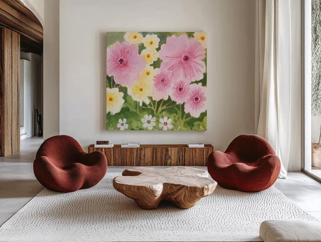 Garden Party II by Kathrine Lovell. Shown as extra-large giant wall art in a modern living room. Available as an archival giclee rolled canvas, fine art paper, or poster print. SKU 84784a.