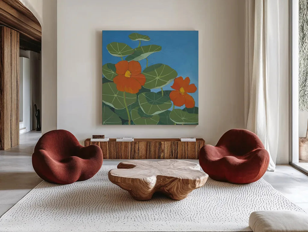 Happy Day II by Kathrine Lovell. Shown as extra-large giant wall art in a modern living room. Available as an archival giclee rolled canvas, fine art paper, or poster print. SKU 24405a.