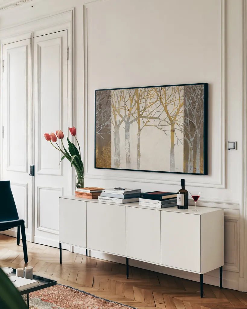 Night and Day by Kathrine Lovell. shown as a framed stretched canvas in a living room above a console. Available as a archival giclee rolled canvas, fine art paper, or poster print. SKU 10014i.