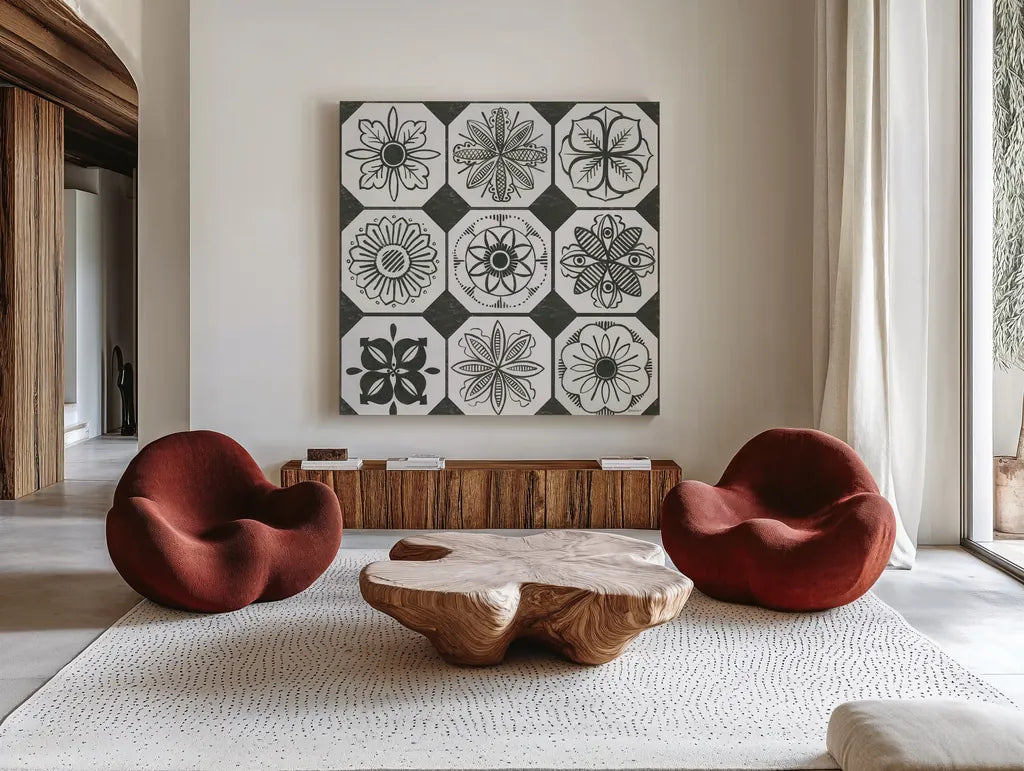 Patterns of the Amazon XX by Kathrine Lovell. Shown as extra-large giant wall art in a modern living room. Available as an archival giclee rolled canvas, fine art paper, or poster print. SKU 37702a.